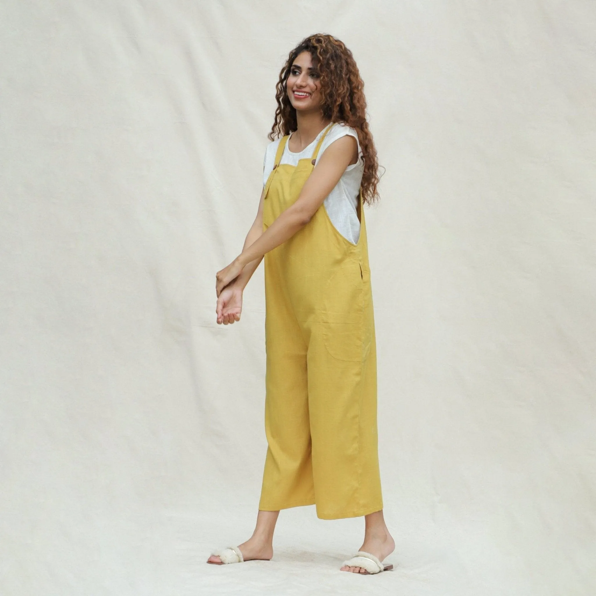 Light Yellow 100% Cotton Midi Dungaree Jumpsuit