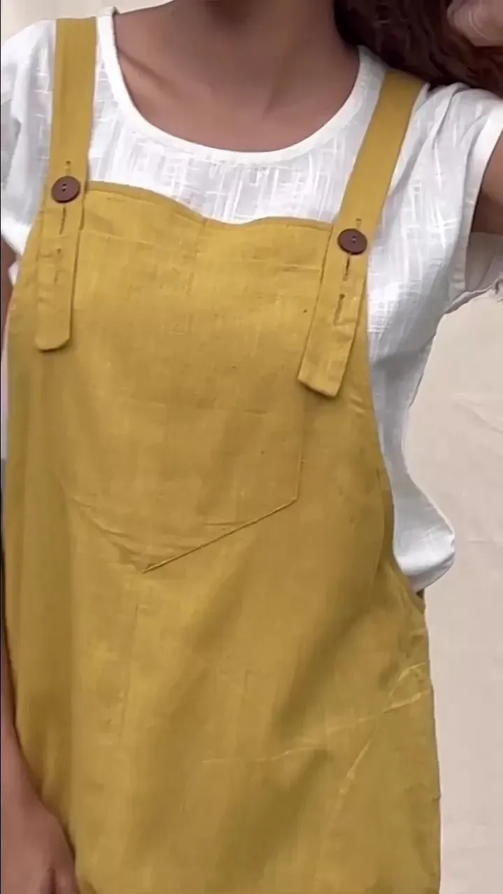 Light Yellow 100% Cotton Midi Dungaree Jumpsuit