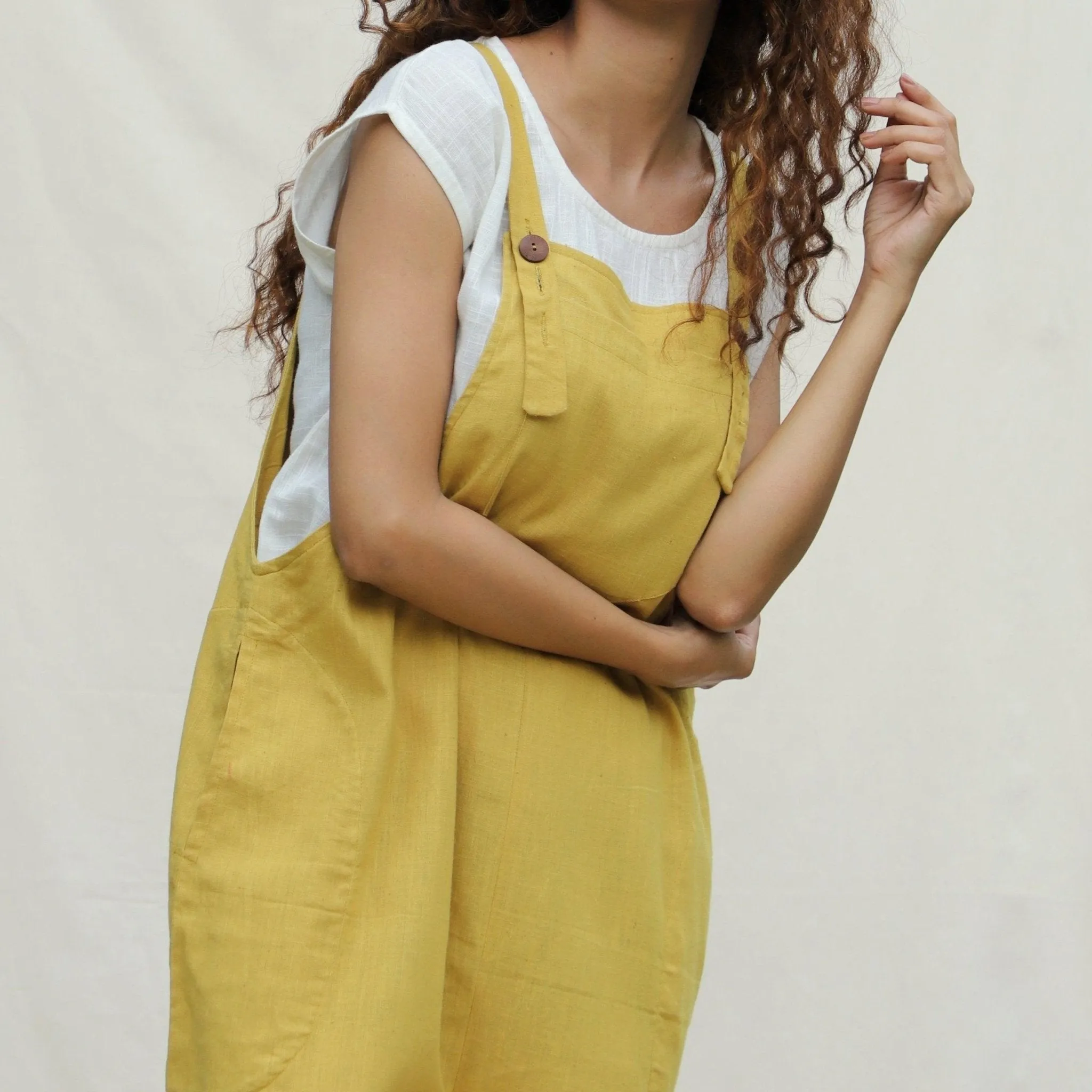 Light Yellow 100% Cotton Midi Dungaree Jumpsuit