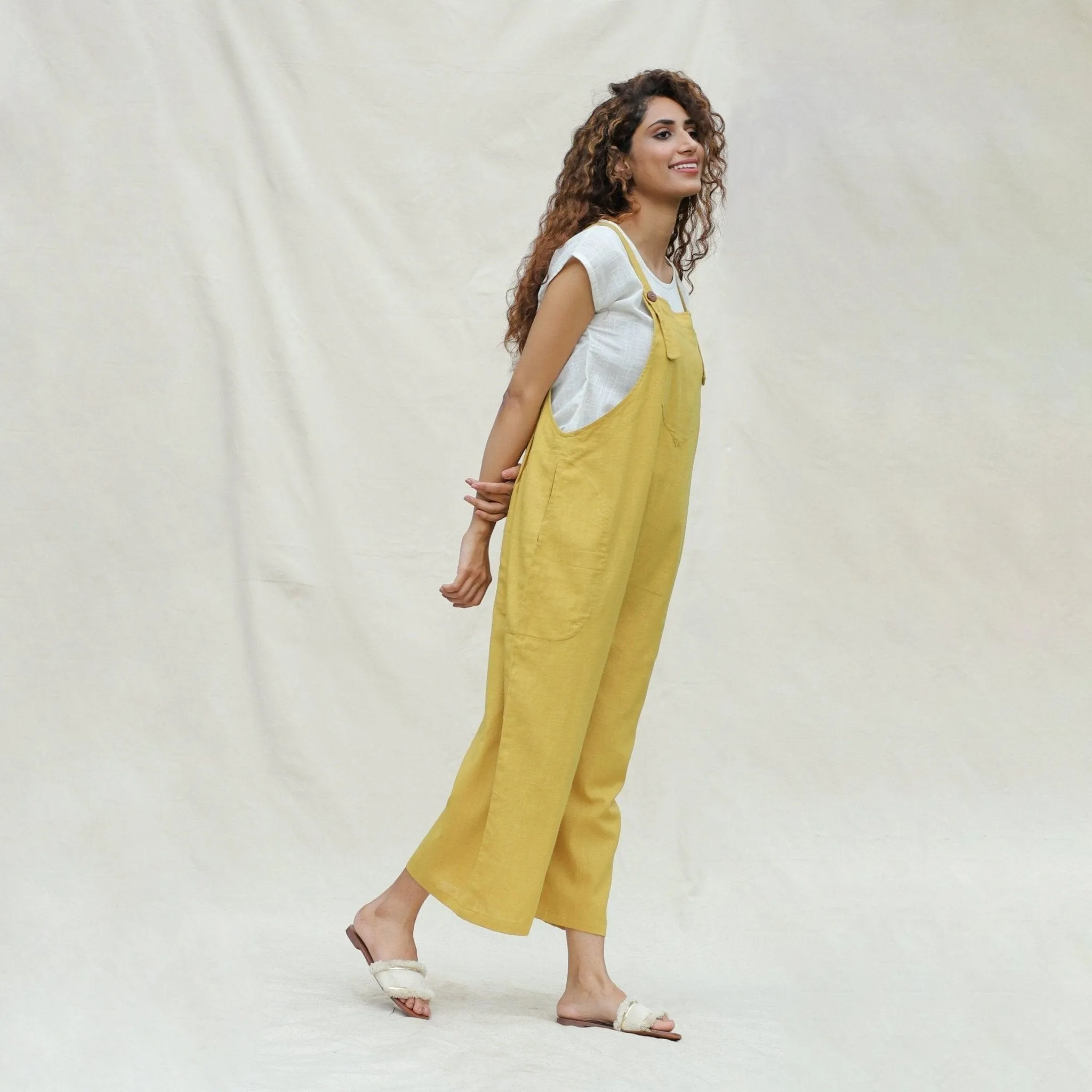 Light Yellow 100% Cotton Midi Dungaree Jumpsuit