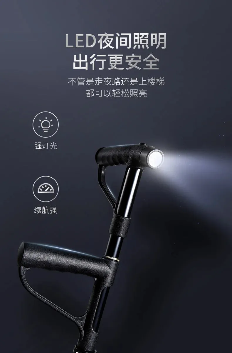 Lightweight Elderly Crutch, Adjustable Telescopic Height Four-Legged Anti-Slip Cane,LED Lighting Assistance,Enhanced Walking Aid