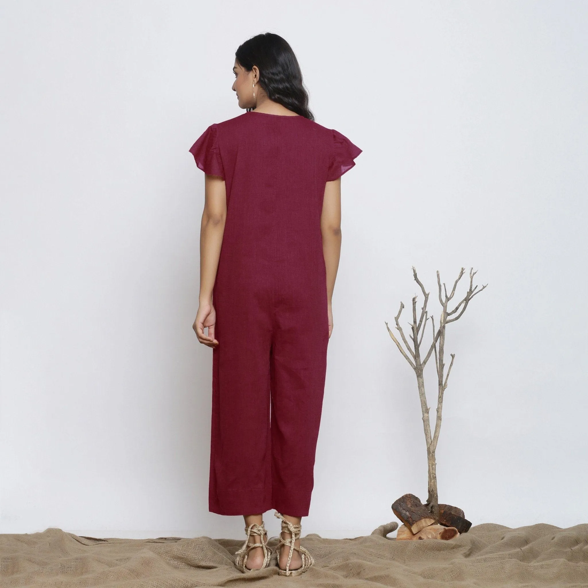Maroon Azo-Free Dyed Cotton Butterfly Sleeves Yoked Jumpsuit
