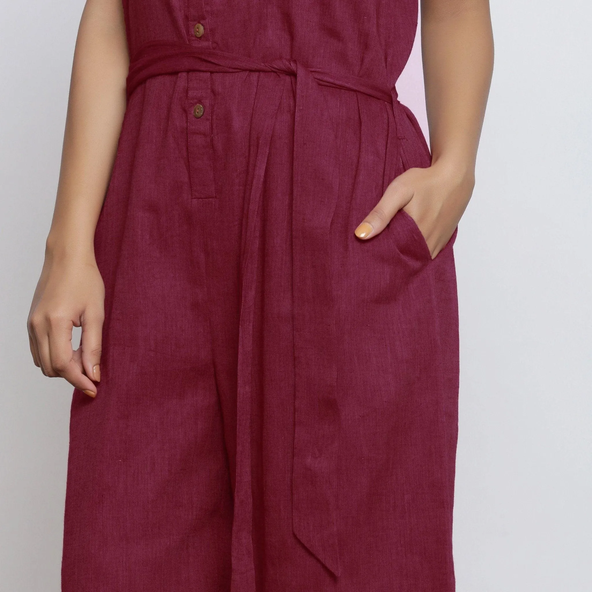 Maroon Azo-Free Dyed Cotton Butterfly Sleeves Yoked Jumpsuit