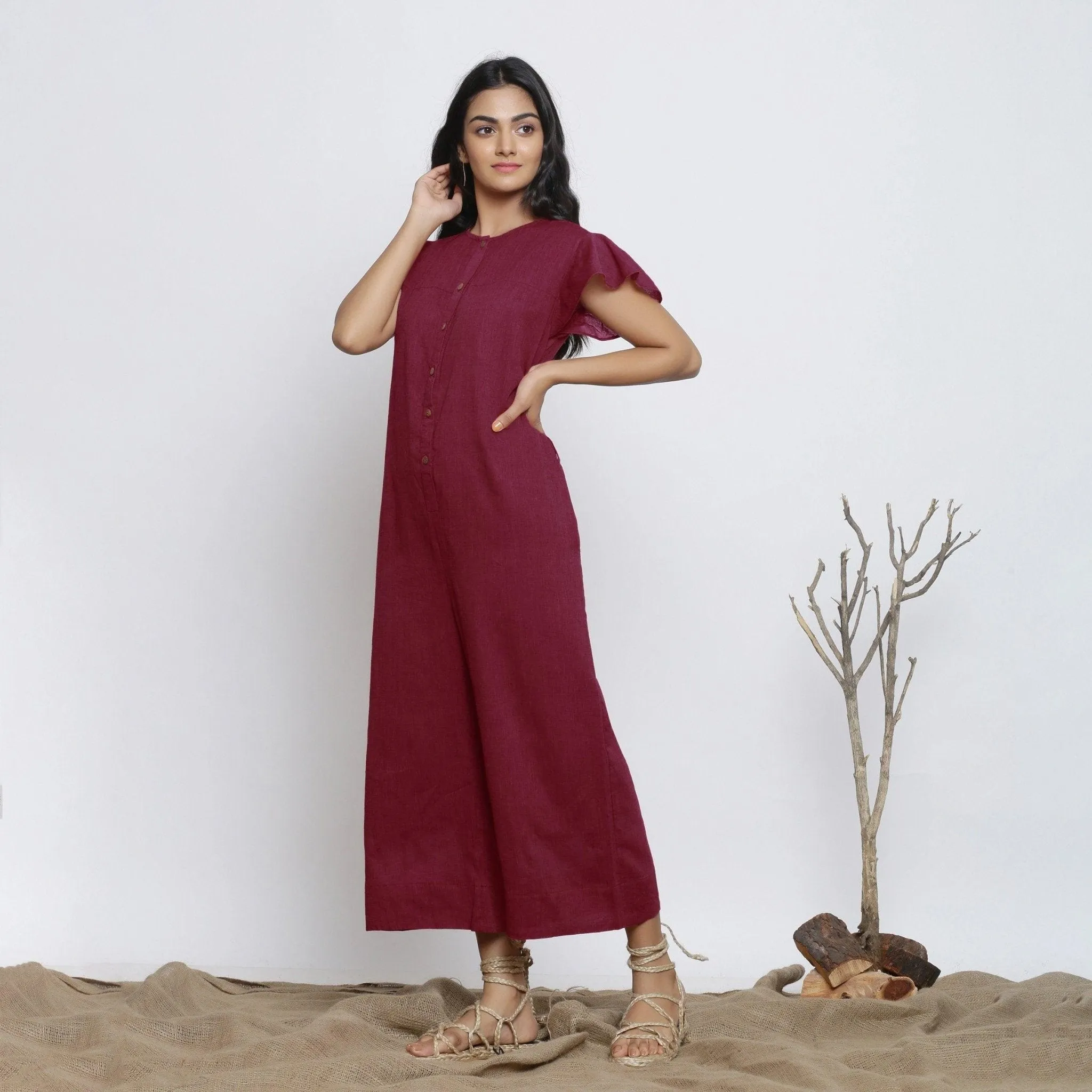 Maroon Azo-Free Dyed Cotton Butterfly Sleeves Yoked Jumpsuit