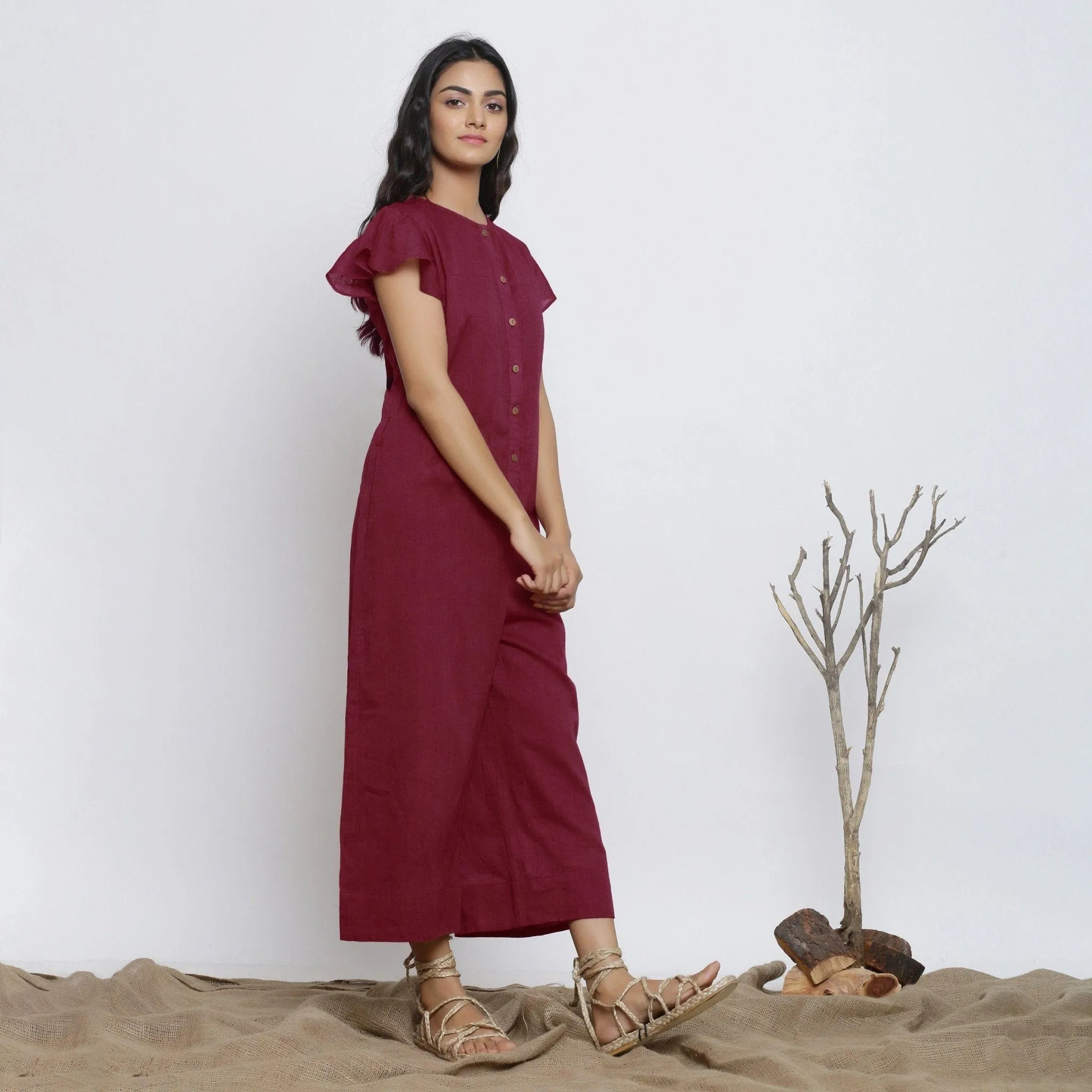 Maroon Azo-Free Dyed Cotton Butterfly Sleeves Yoked Jumpsuit