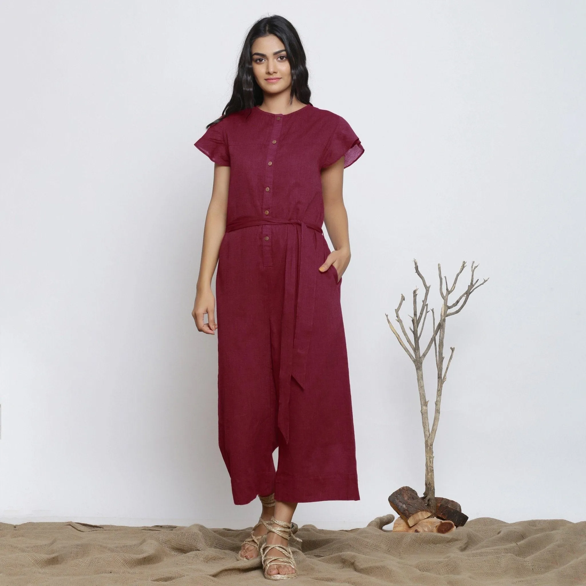 Maroon Azo-Free Dyed Cotton Butterfly Sleeves Yoked Jumpsuit