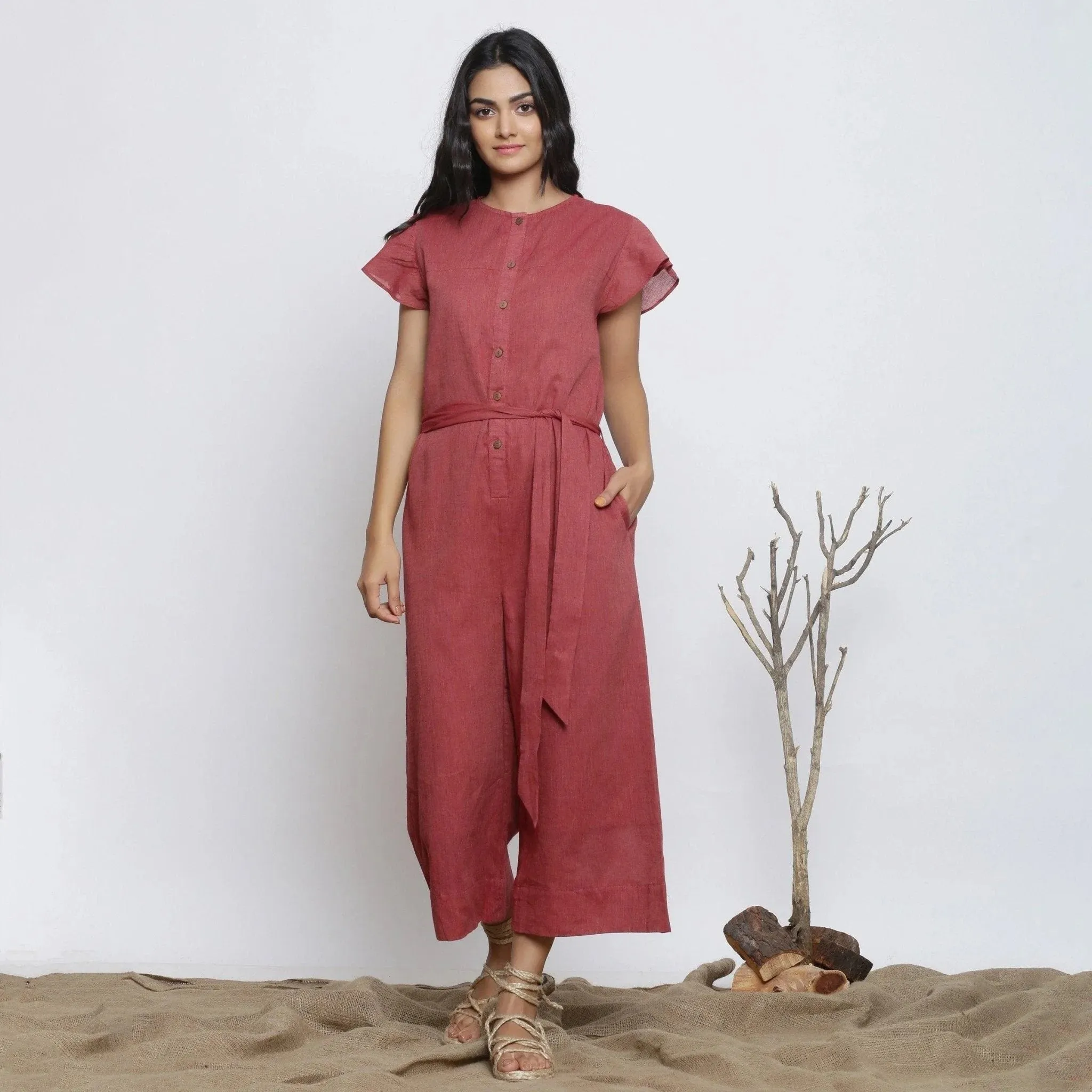 Maroon Cotton Muslin Ankle Length Butterfly Sleeves Jumpsuit