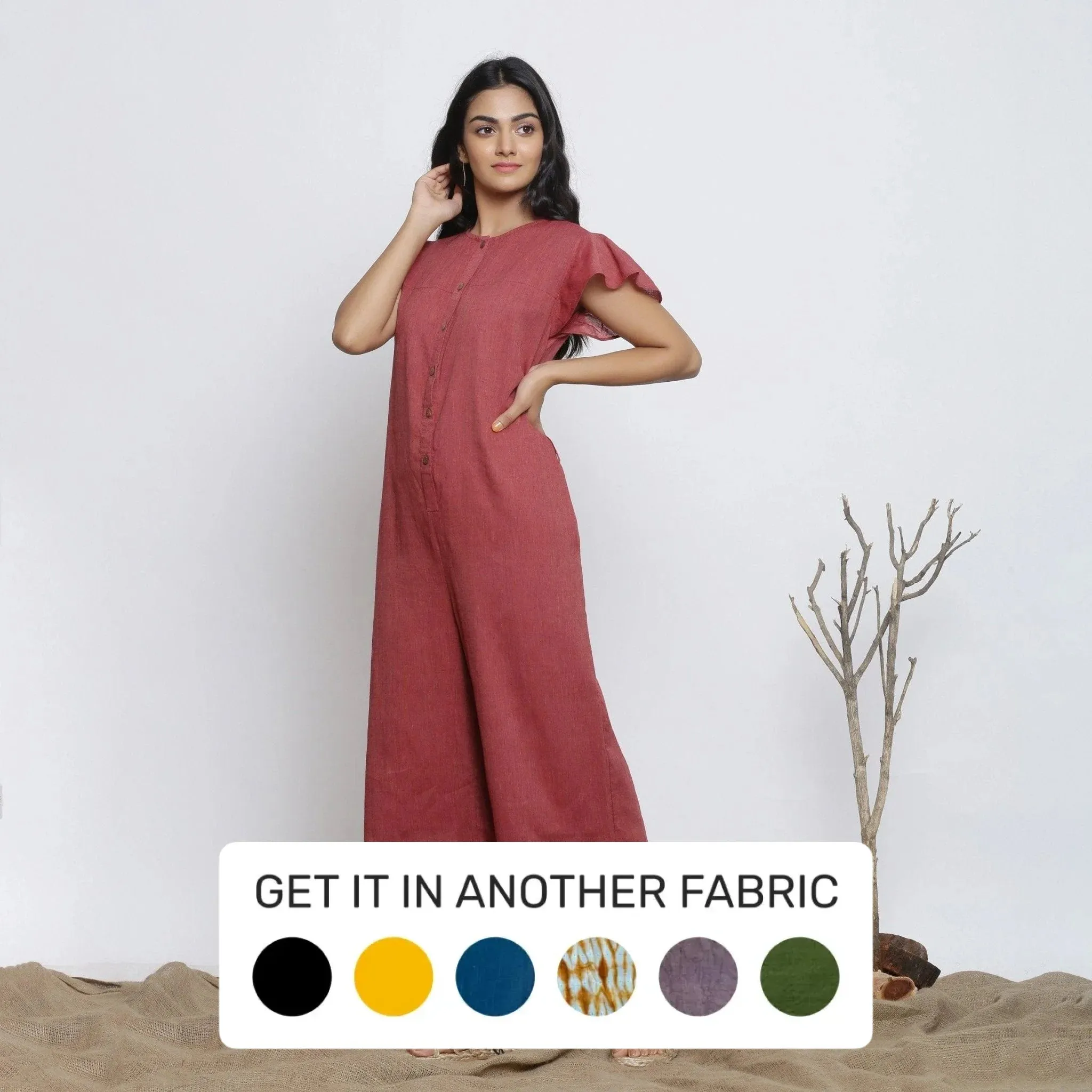 Maroon Cotton Muslin Ankle Length Butterfly Sleeves Jumpsuit