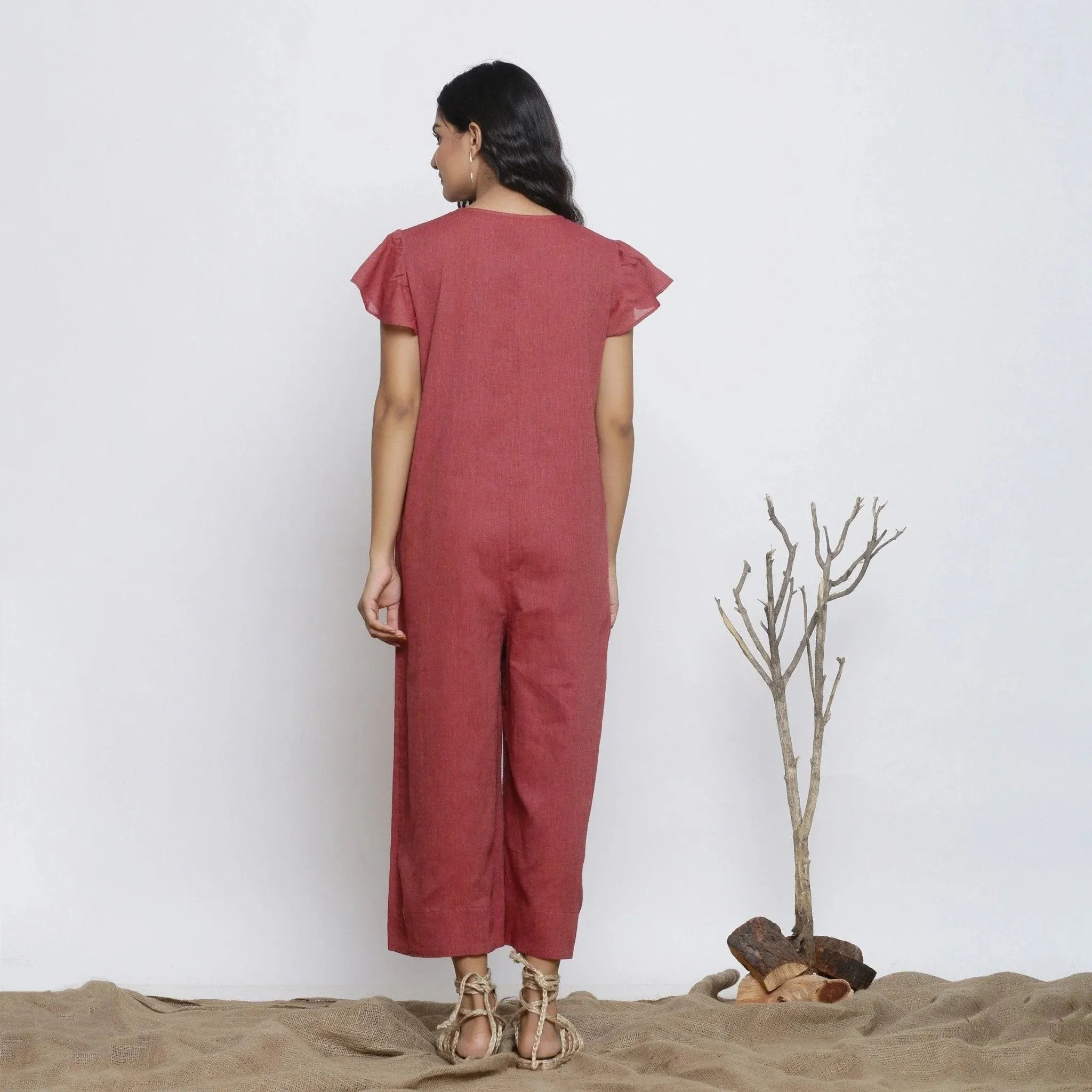 Maroon Cotton Muslin Ankle Length Butterfly Sleeves Jumpsuit
