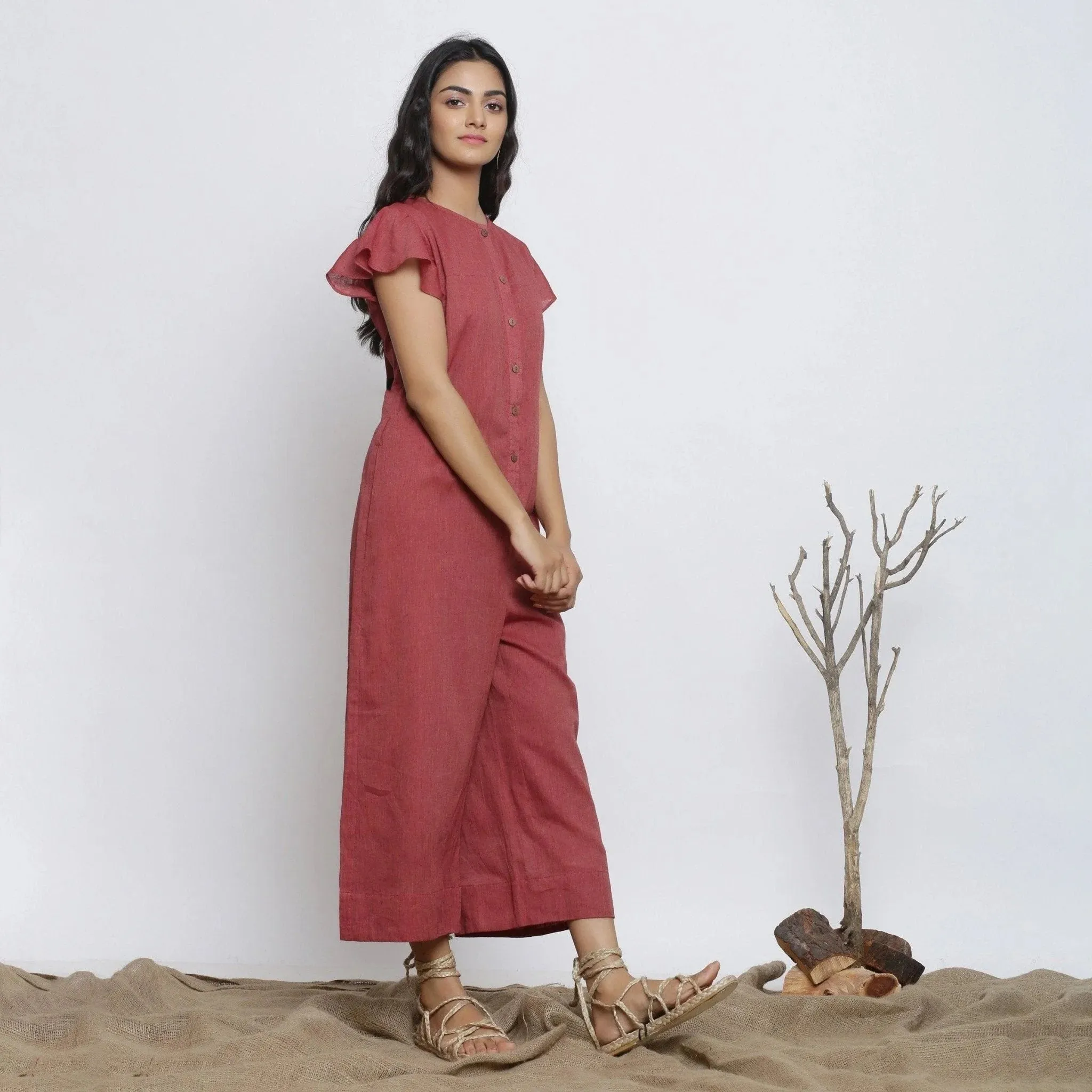 Maroon Cotton Muslin Ankle Length Butterfly Sleeves Jumpsuit