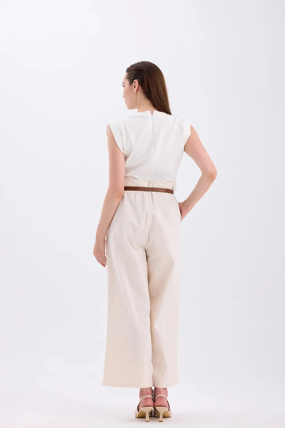 Piece Detailed Belted Jumpsuit Beige