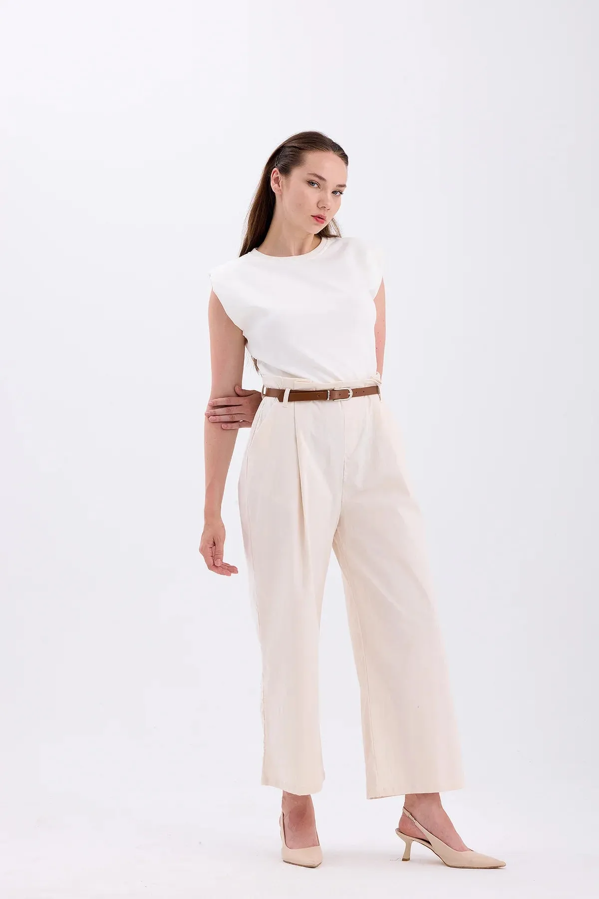 Piece Detailed Belted Jumpsuit Beige