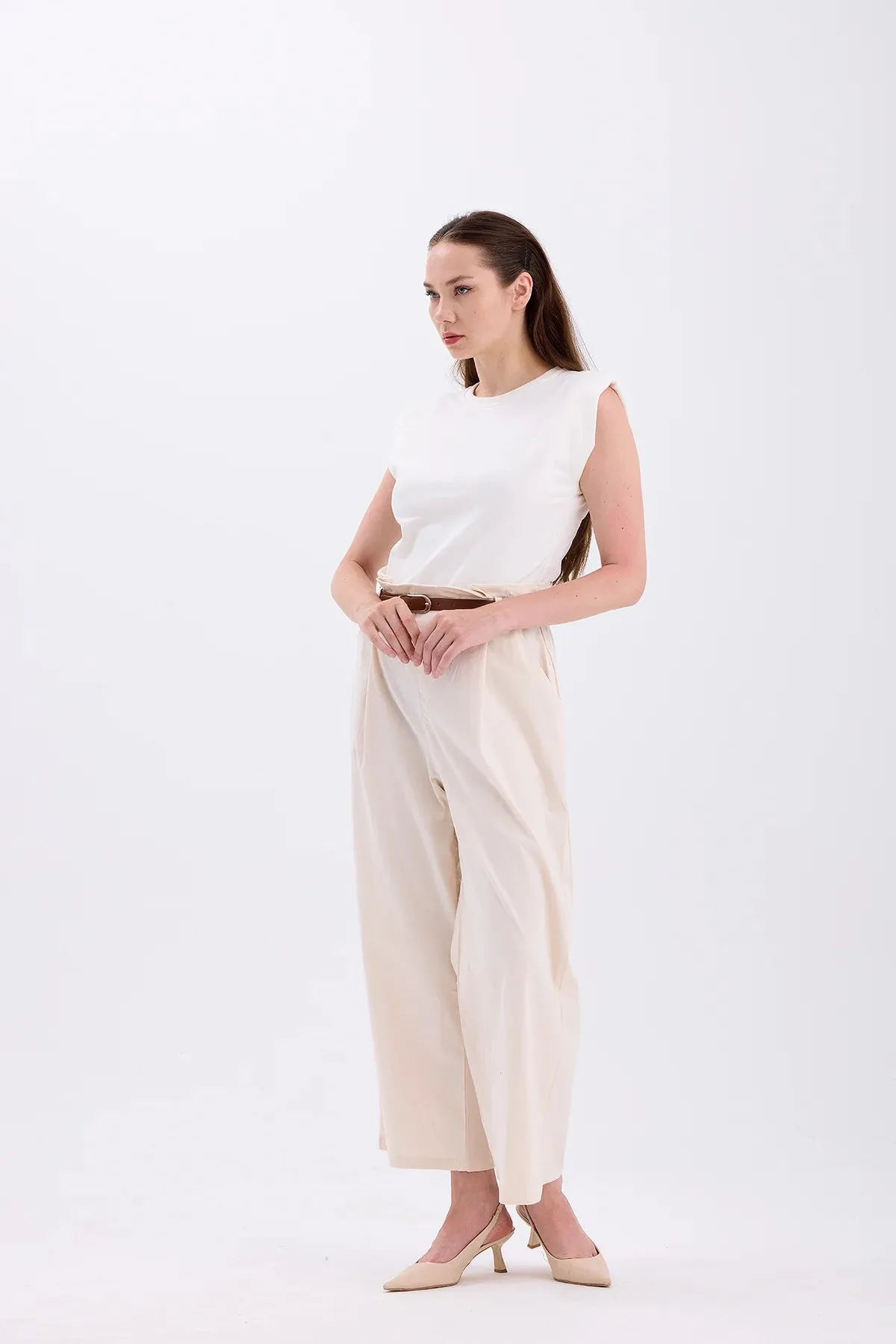 Piece Detailed Belted Jumpsuit Beige