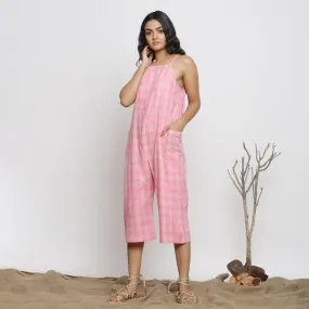 Pink Checks Handspun Cotton Strap Sleeve Midi Jumpsuit