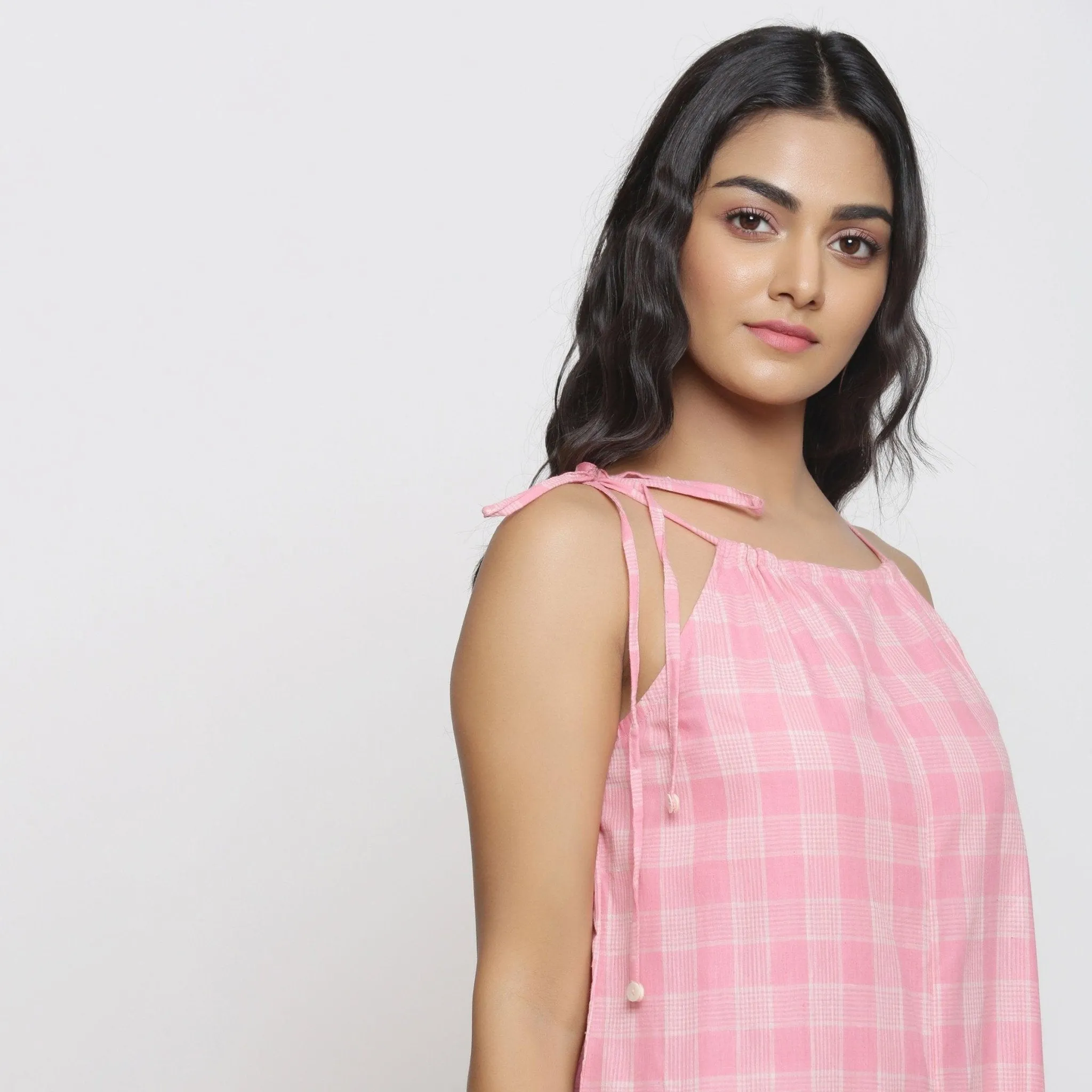 Pink Checks Handspun Cotton Strap Sleeve Midi Jumpsuit