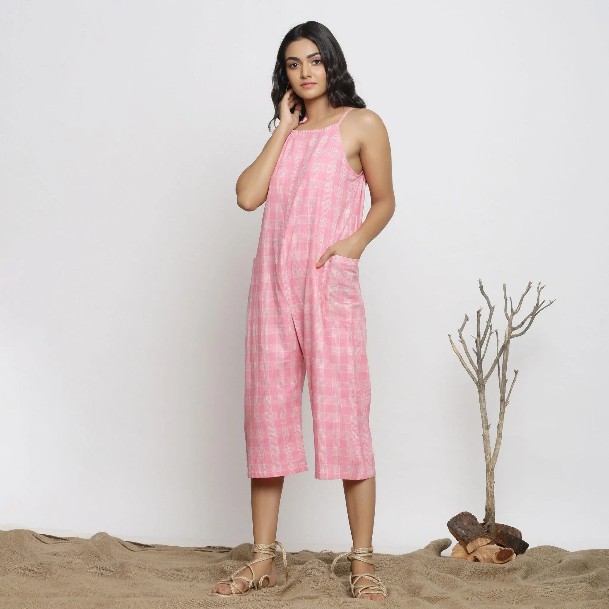 Pink Checks Handspun Cotton Strap Sleeve Midi Jumpsuit