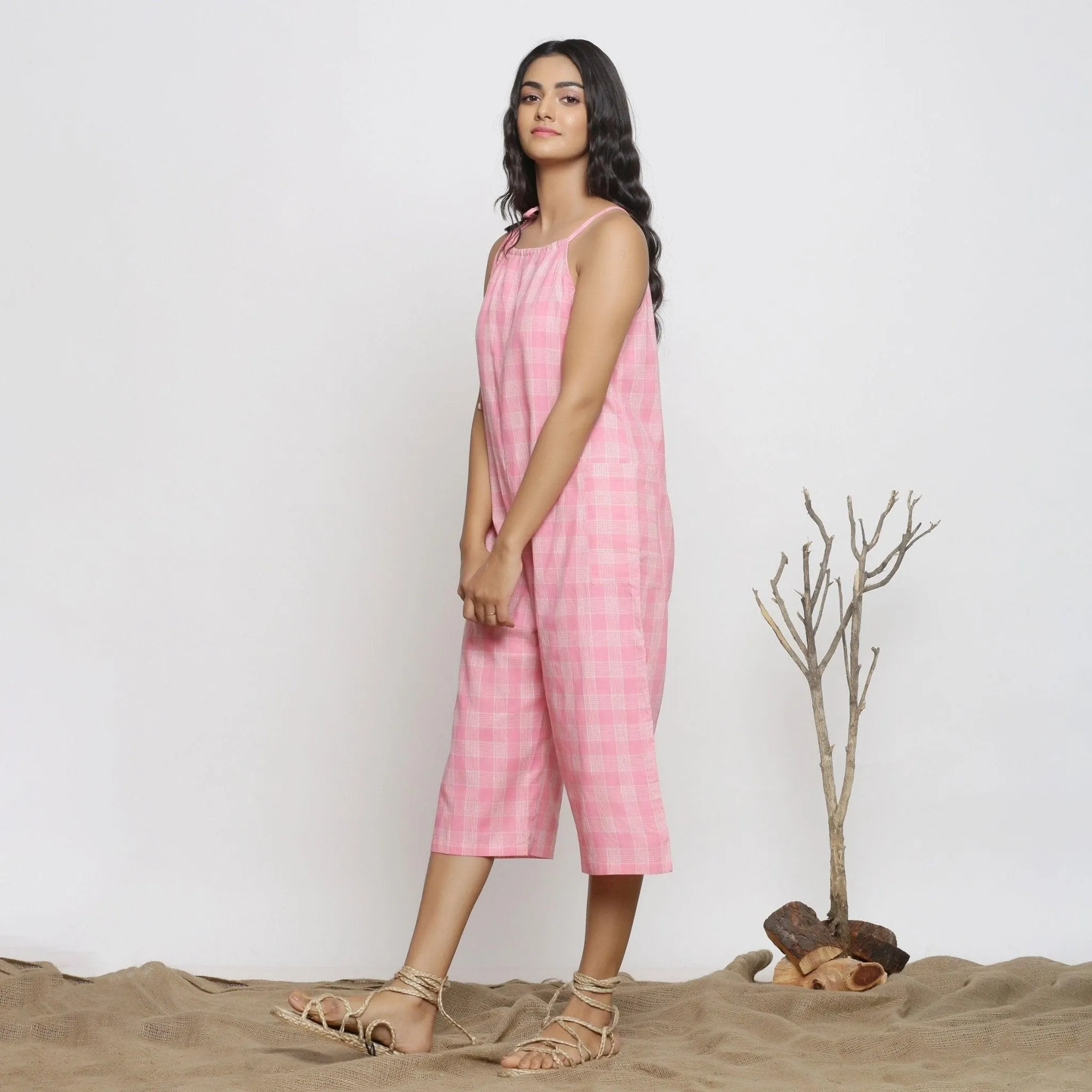 Pink Checks Handspun Cotton Strap Sleeve Midi Jumpsuit