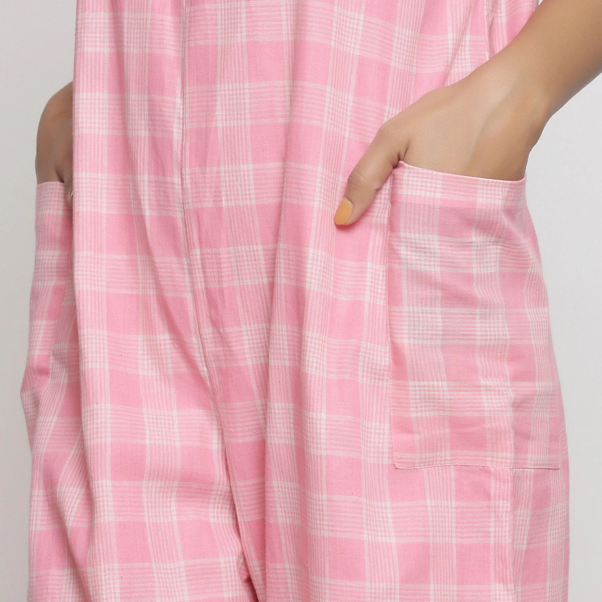 Pink Checks Handspun Cotton Strap Sleeve Midi Jumpsuit