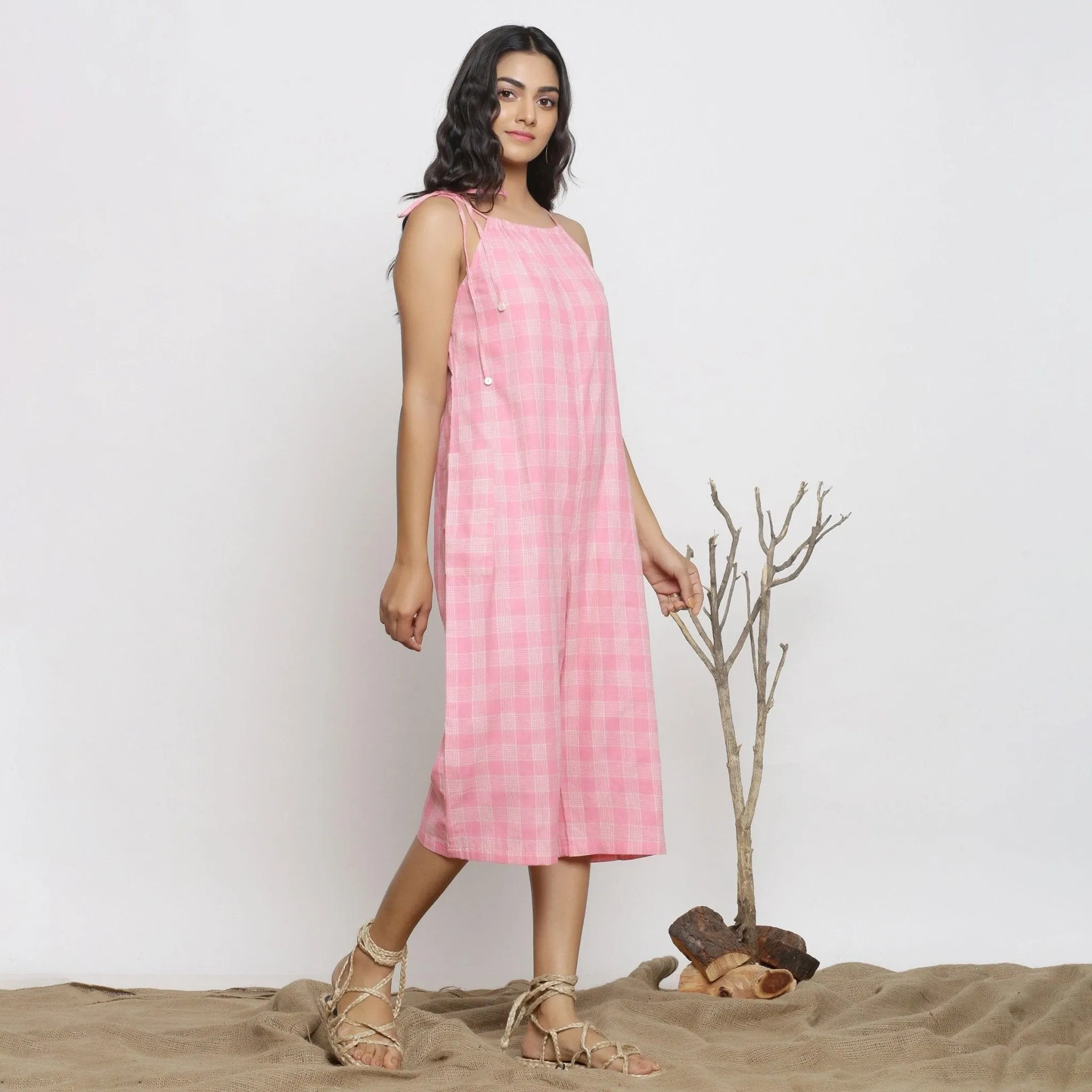 Pink Checks Handspun Cotton Strap Sleeve Midi Jumpsuit