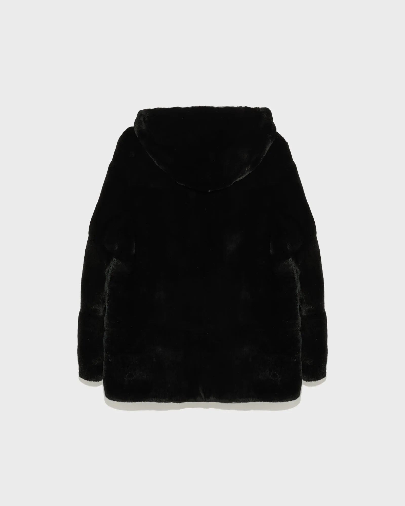 Reversible hooded parka in rabbit rex fur and technical fabric