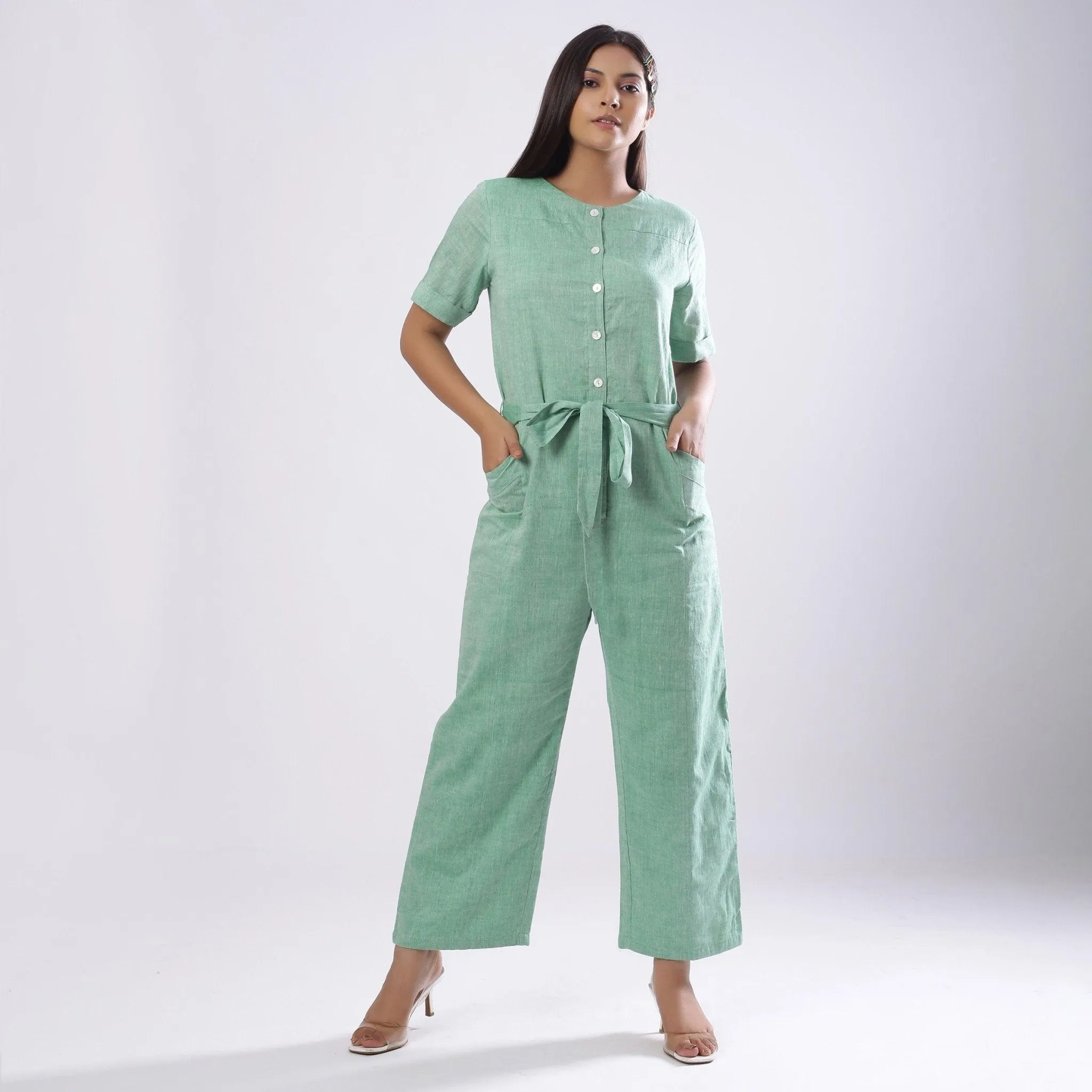 Sage Green Handspun Cotton Ankle Length Paneled Overalls