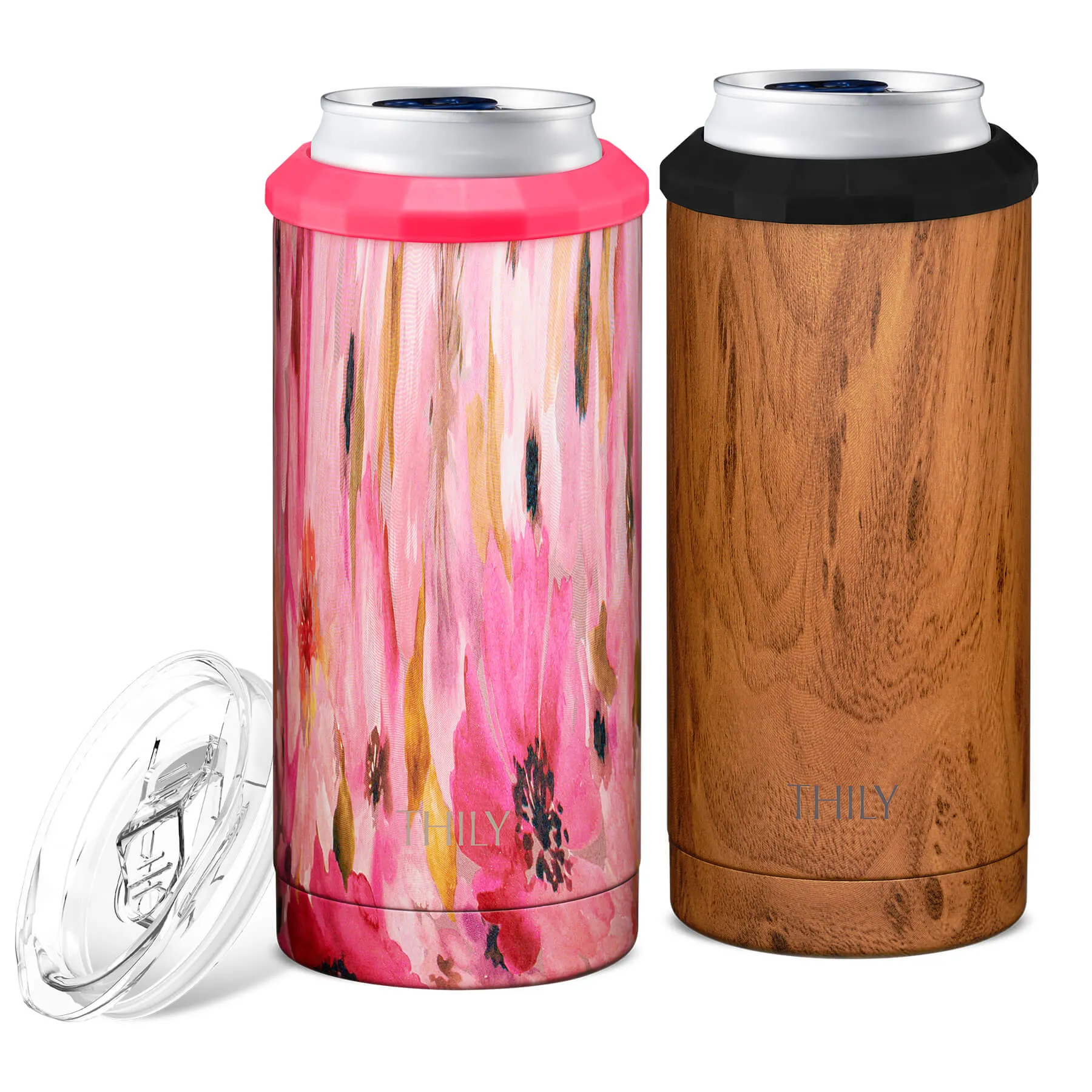 Skinny Can Cooler for Slim Beer & Hard Seltzer - 2 Pack(Wood   Watercolor Flower)
