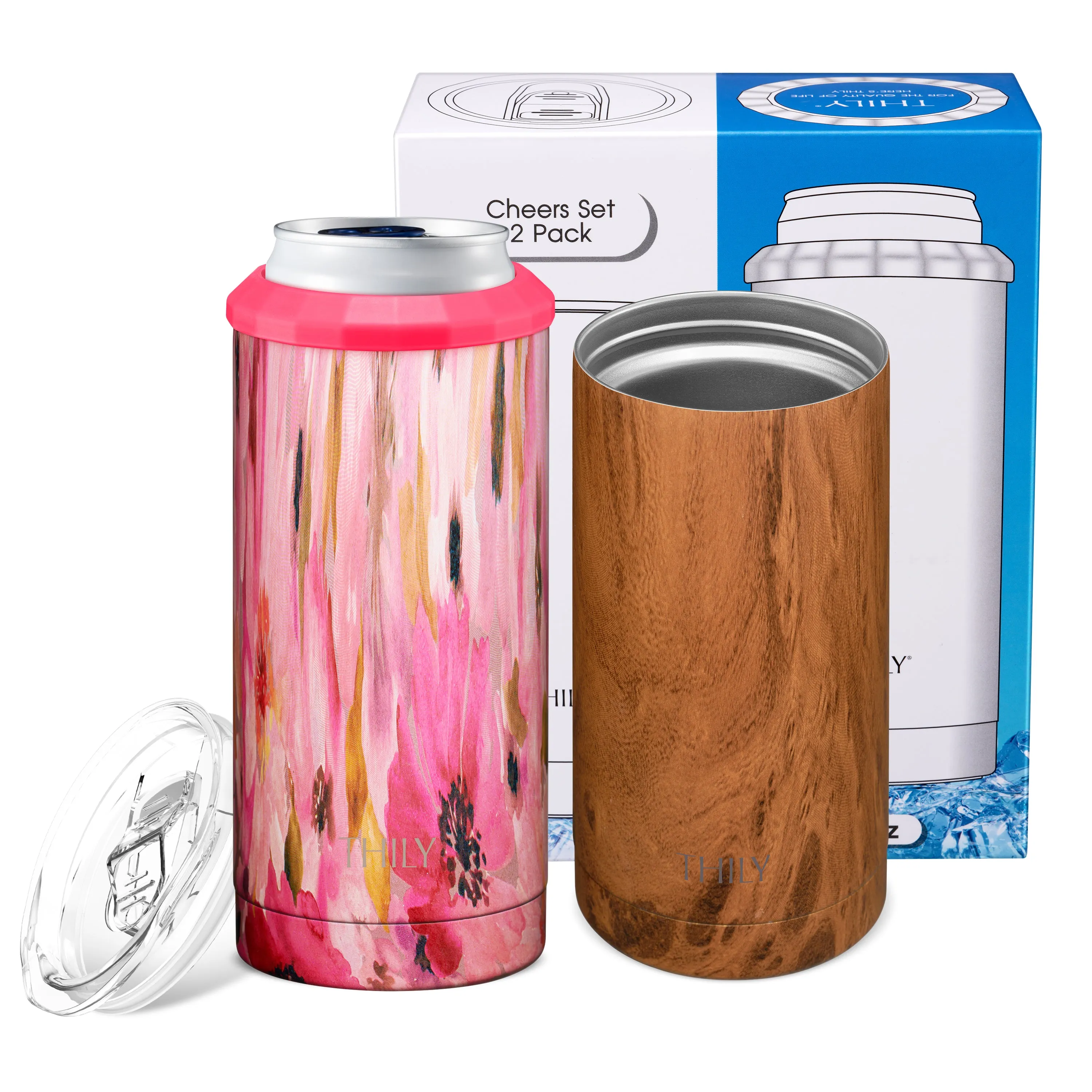 Skinny Can Cooler for Slim Beer & Hard Seltzer - 2 Pack(Wood   Watercolor Flower)