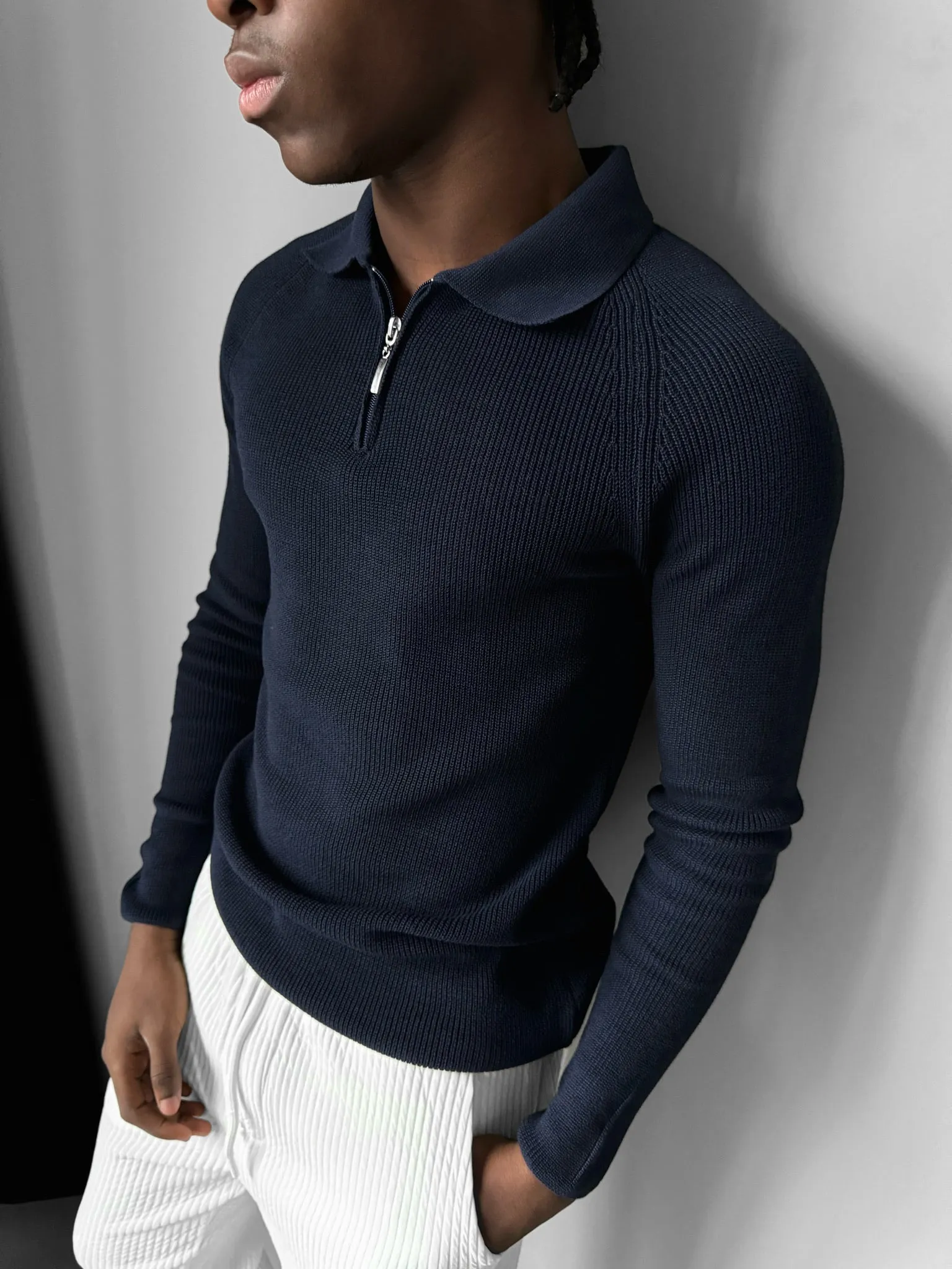 Slim Fit Knit Zipper Polo Sweater - Dark Blue